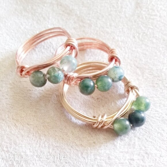 Slim Moss Agate Beaded Handmade Rings - Sturdy Every Day Wear! Copper or Brass! - Picture 1 of 12